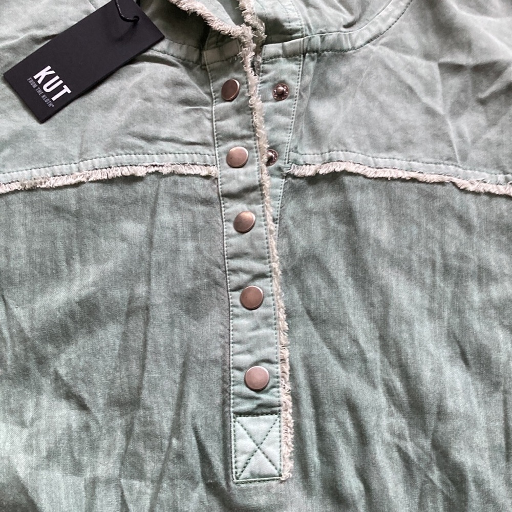 New! KUT S Sage Green Amelia Contrast Pullover Hoodie Ribbed Tattered - Picture 5 of 8